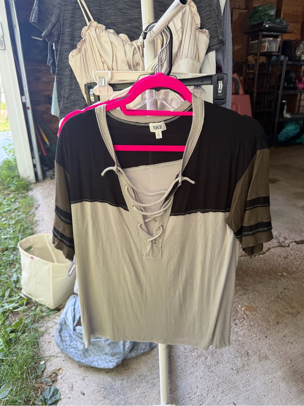 BKE Olive & Black Lace-Up Colorblock Short Sleeve Top
